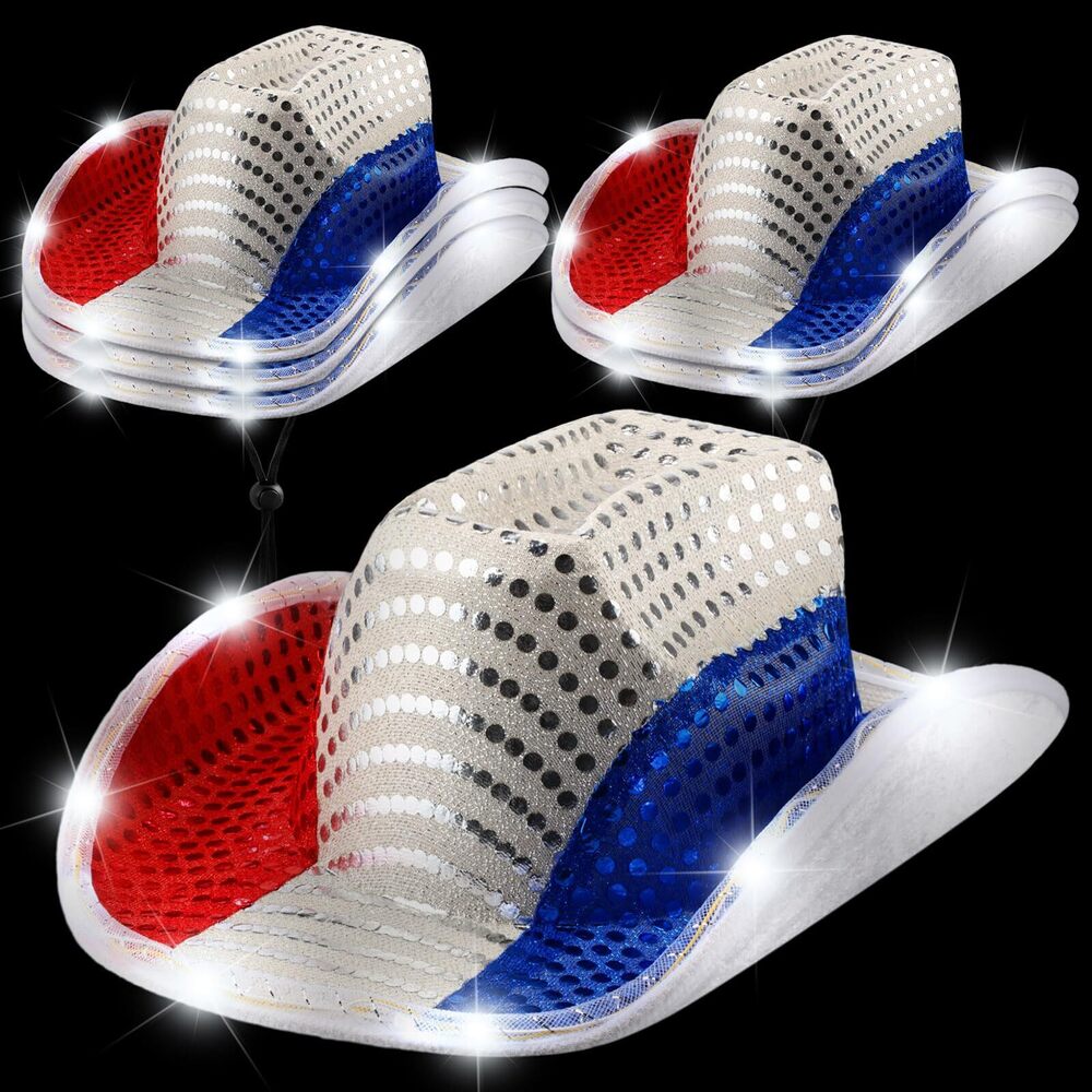9978 6 Pieces Light Up Red White And Blue Cowboy Hats 4th Of July American